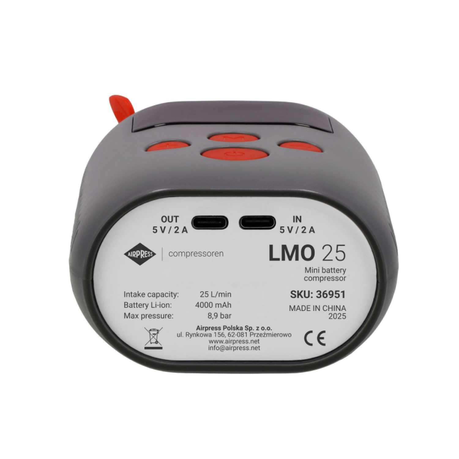 Airpress 36951 Mini compresseur sans huile et silencieux avec batterie externe et lampe de poche LMO 25 | 8 bars | 25 l/min | 4000 mAh | 5V-image