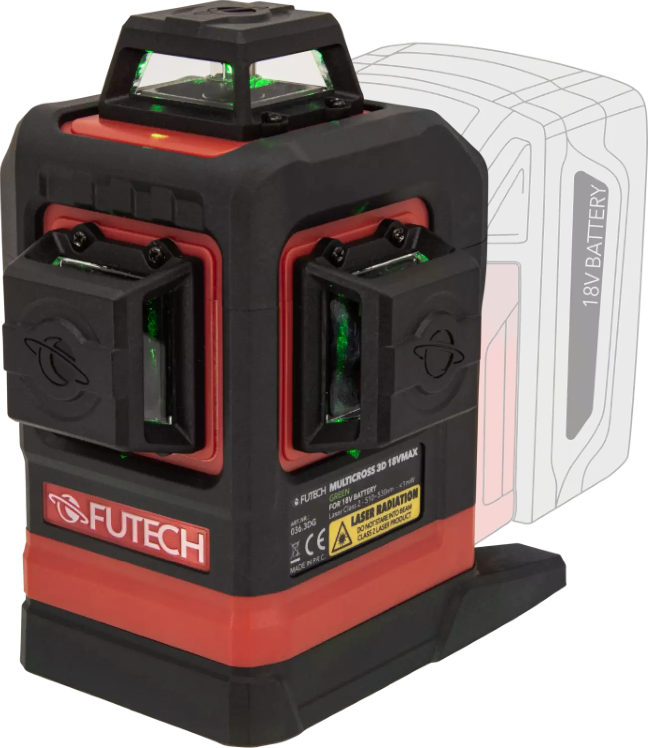 FUTECH Multicross 3D 18VMAX kruislijnlaser set incl. statief en 18V batterij adapter - groen - 70m - 3 lijnen-image