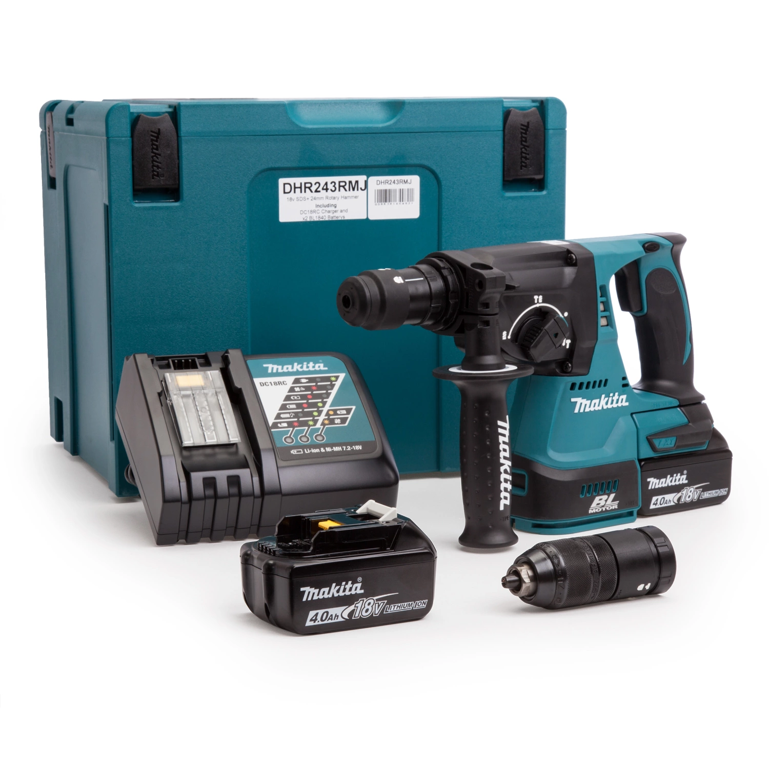 Makita DHR243RMJ 18V Li-Ion Accu SDS-plus combihamer incl. snelspanboorkop set (2x 4.0Ah accu) in Mbox - 2J - koolborstelloos-image