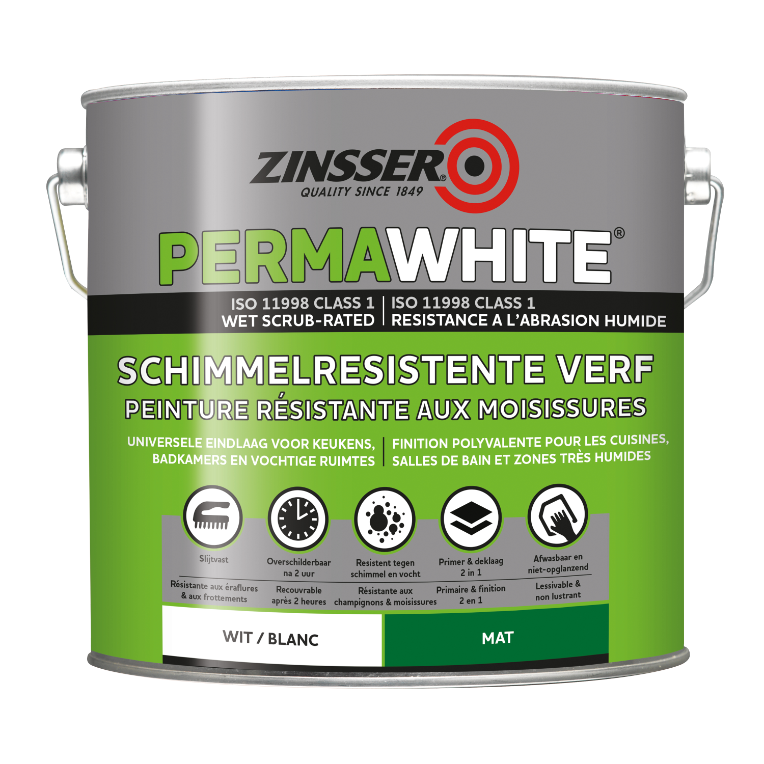 Zinsser Permawhite mat - Badkamermuurverf - wit - 2,5L