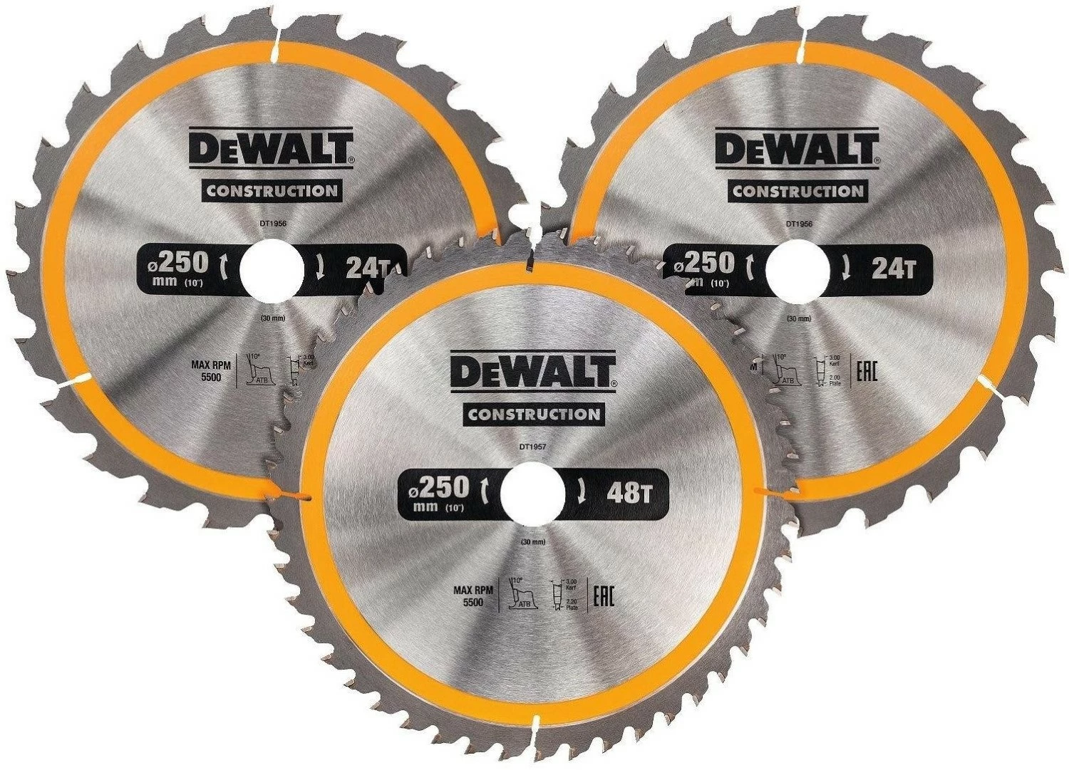 DeWALT DT1963 3 Delige Cirkelzaagbladen - 250 x 30 x 24T-24T-48T - Hout-image