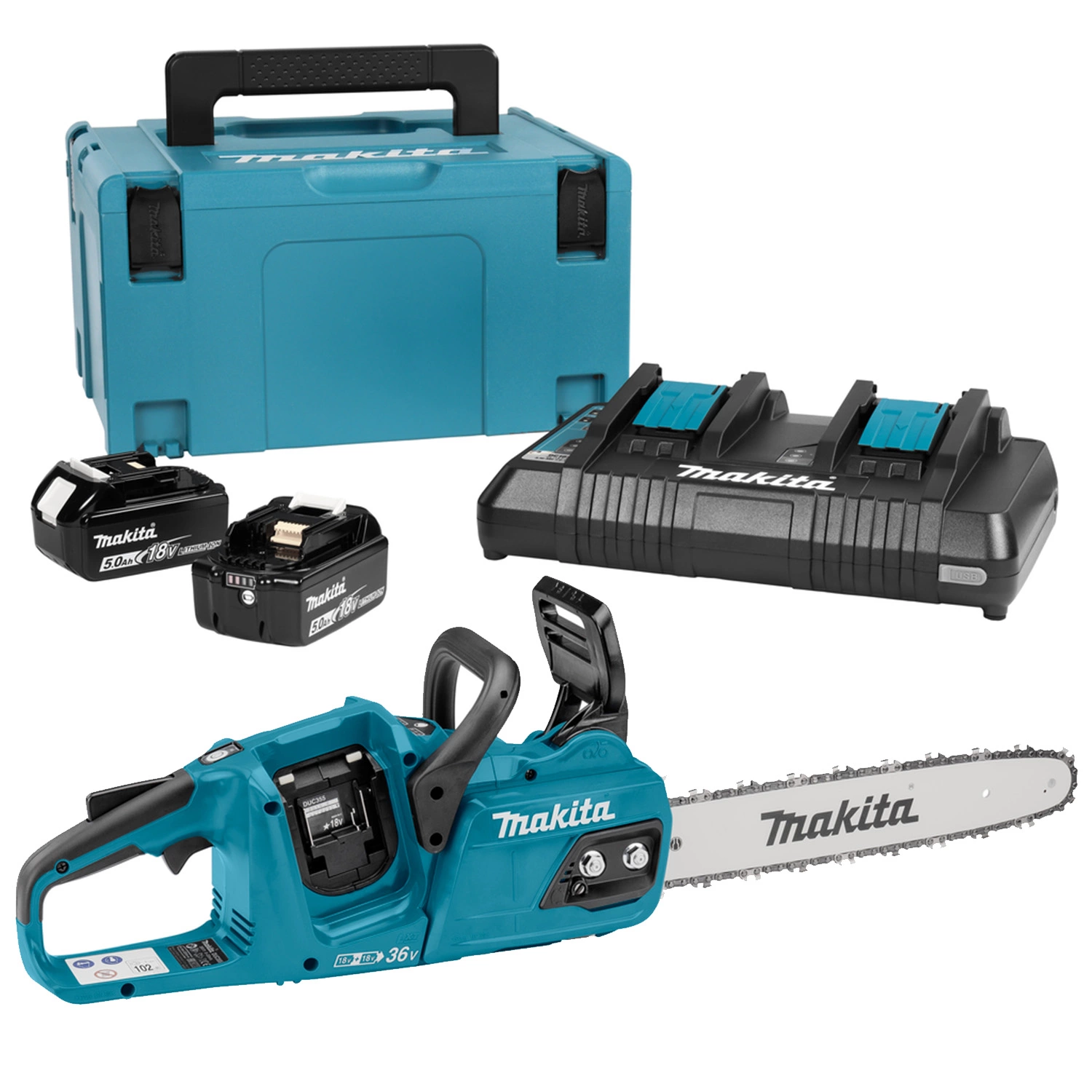 Makita DUC355PT2J Tronçonneuse sans-fil - 2 x 18V Li-ion - 2 batteries 5,0 ah - Mbox - 35 cm - Brushless-image