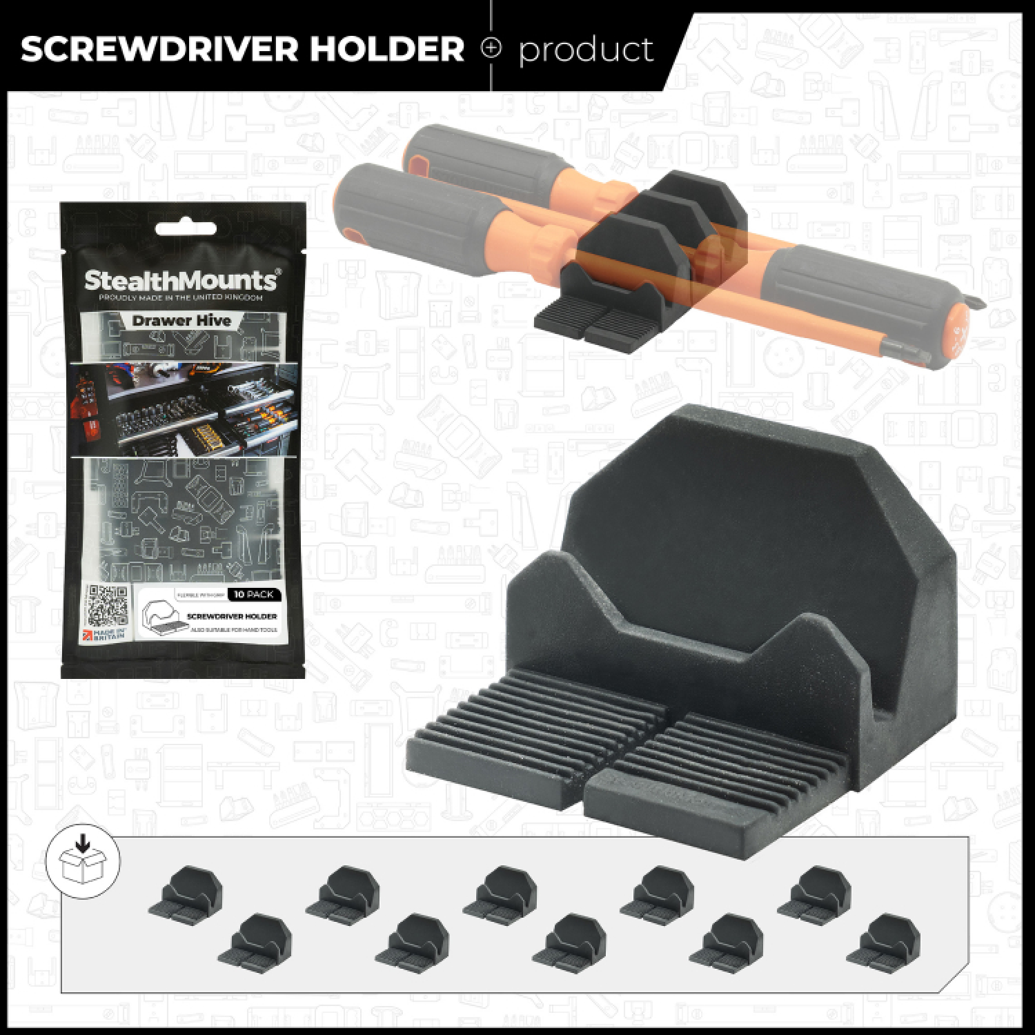 StealthMounts DHSP-SD-10 Drawer Hive Schroevendraaierhouder voor ladekast - zwart - 10 stuks-image
