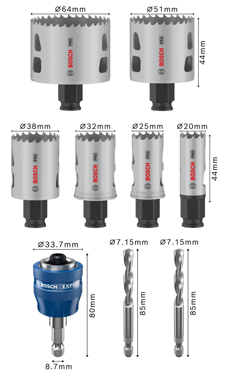Bosch 2608594435 PRO Jeu de 9 scies-cloches Multi Material PC Plus - 20, 25, 32, 38, 51, 64 mm-image