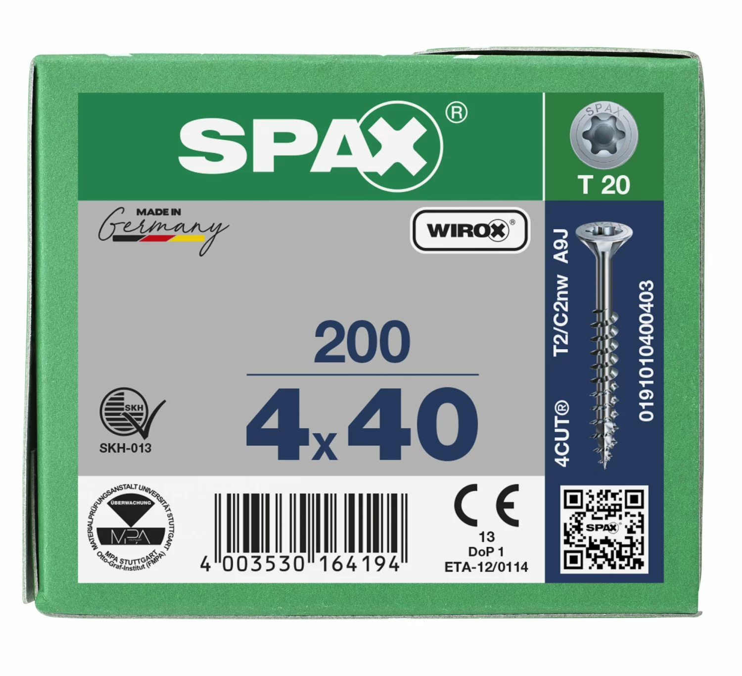SPAX 191010400403 - Vis universelle, 4 x 40 mm, 200 pièces, Filetage partiel, Tête fraisée, T-STAR plus T20, 4CUT, WIROX-image