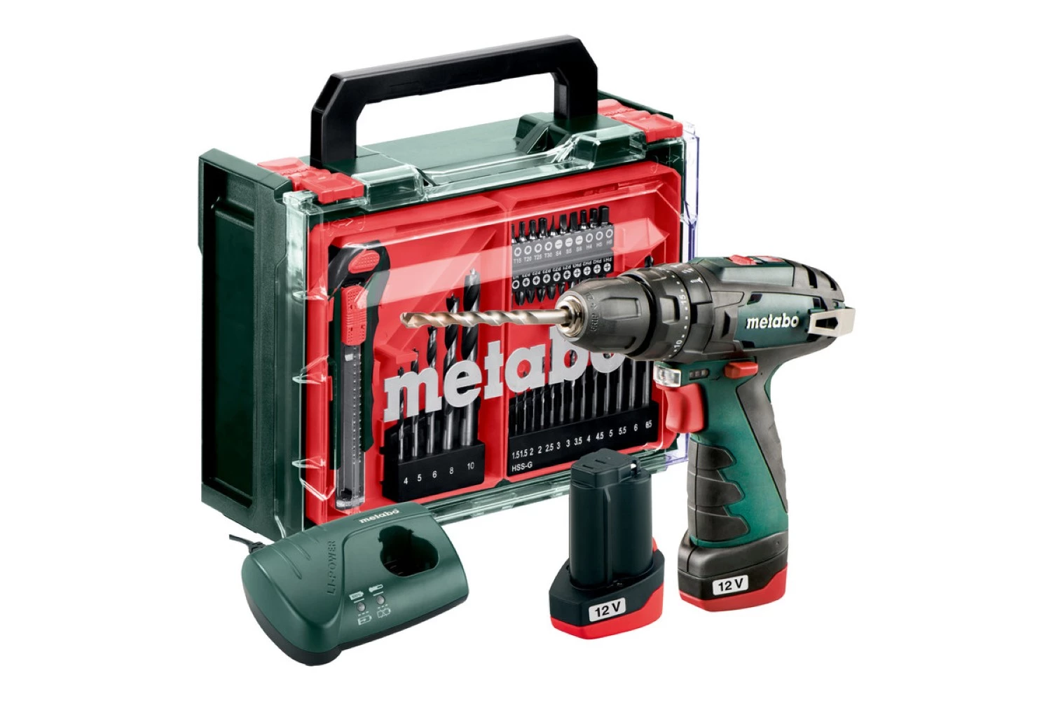 Metabo 600385710 Perceuse-visseuse à percussion sans fil 12 V Li-ion Mobile workshop basic set (2 batteries 2,0 Ah) dans un coffret avec kit d'accessoires 41 pièces-image