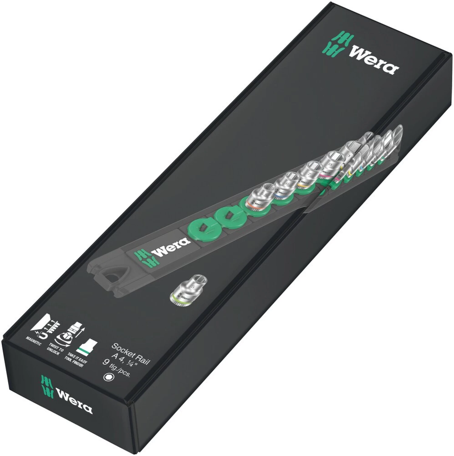 Wera 05005400001 9 pièces Barrette magnétique à douilles A 4 jeu de douilles Zyklop avec support - 1/4 »-image
