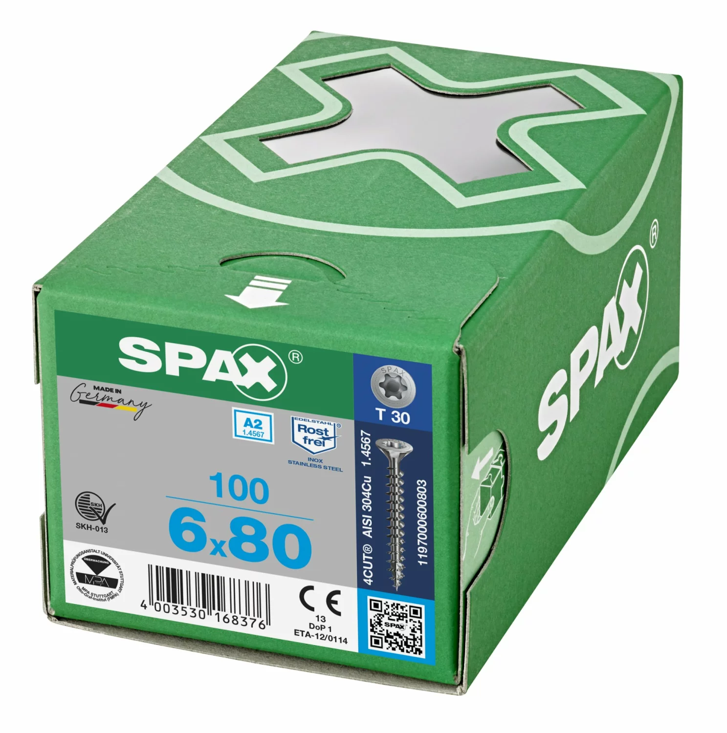 SPAX 1197000600803 Roestvaststalen schroef, Verzonken kop, 6 x 80, Voldraad, T-STAR plus T30 - blank - 100 stuks-image