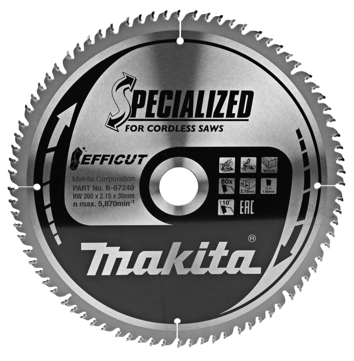 Makita B-67290 Blade de scie électrique Efficut - 260 x 30 x 80T - Bois-image