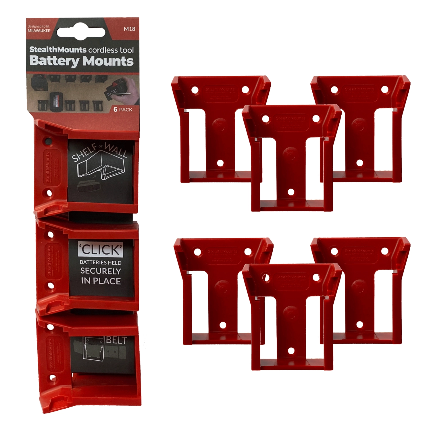 StealthMounts BM-MW18-RED-6 - Support batterie (6pcs) pour Milwaukee M18 - rouge-image