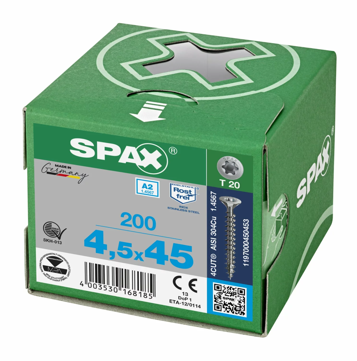 SPAX 1197000450453 - Vis en acier inoxydable, 4,5 x 45 mm, 200 pièces, Tête centrante, Tête fraisée, T-STAR plus T20, 4CUT, Acier inoxydable A2-image