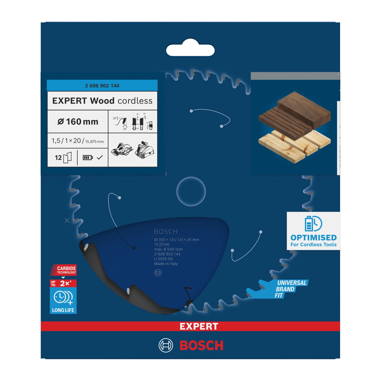 Bosch 2608902144 Lame de scie circulaire sans fil EXPERT pour bois - 160 x 20 x 12D-image