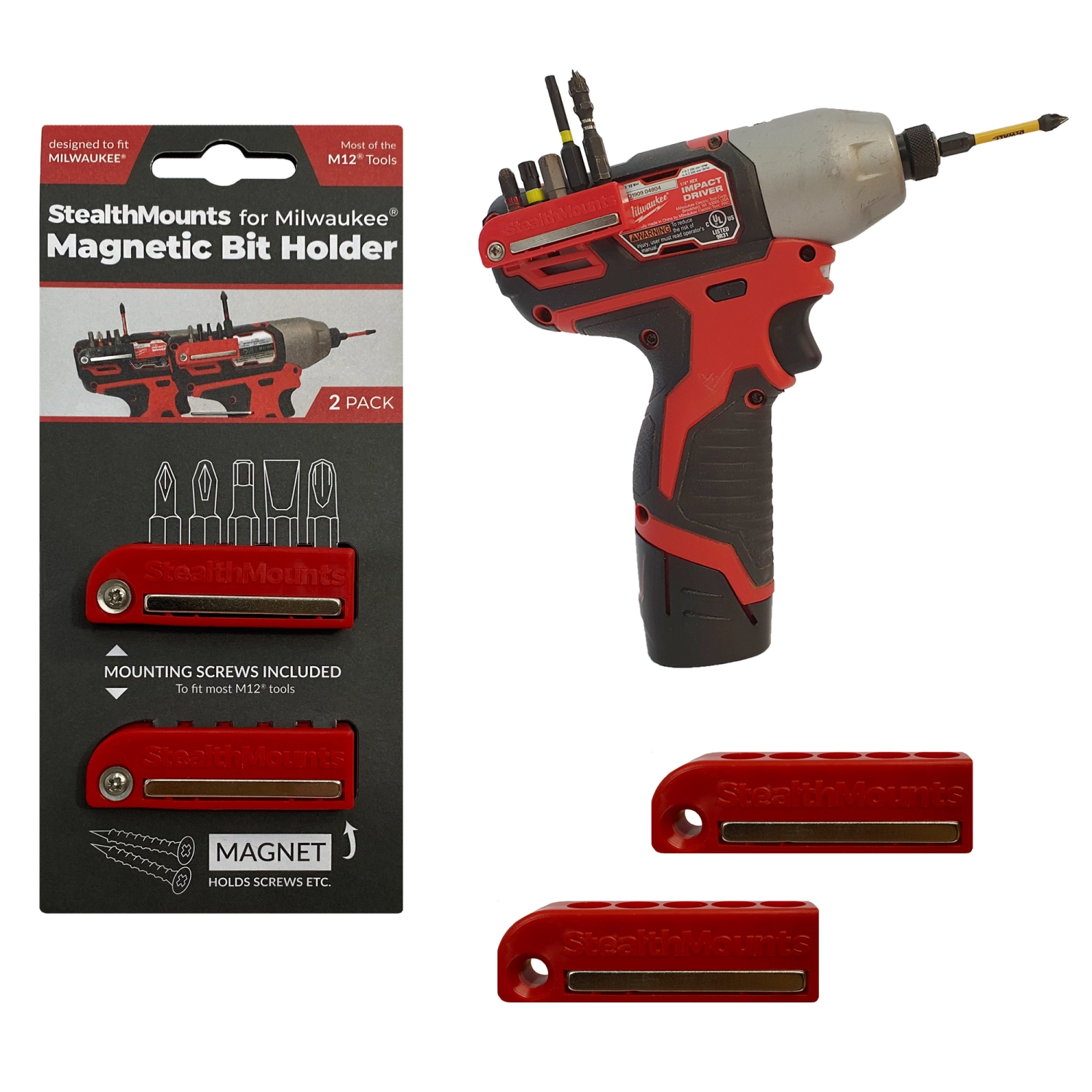 StealthMounts BH-MW12-RED-2 - Porte-embouts magnétique (2pcs) pour machines Milwaukee M12 - rouge-image