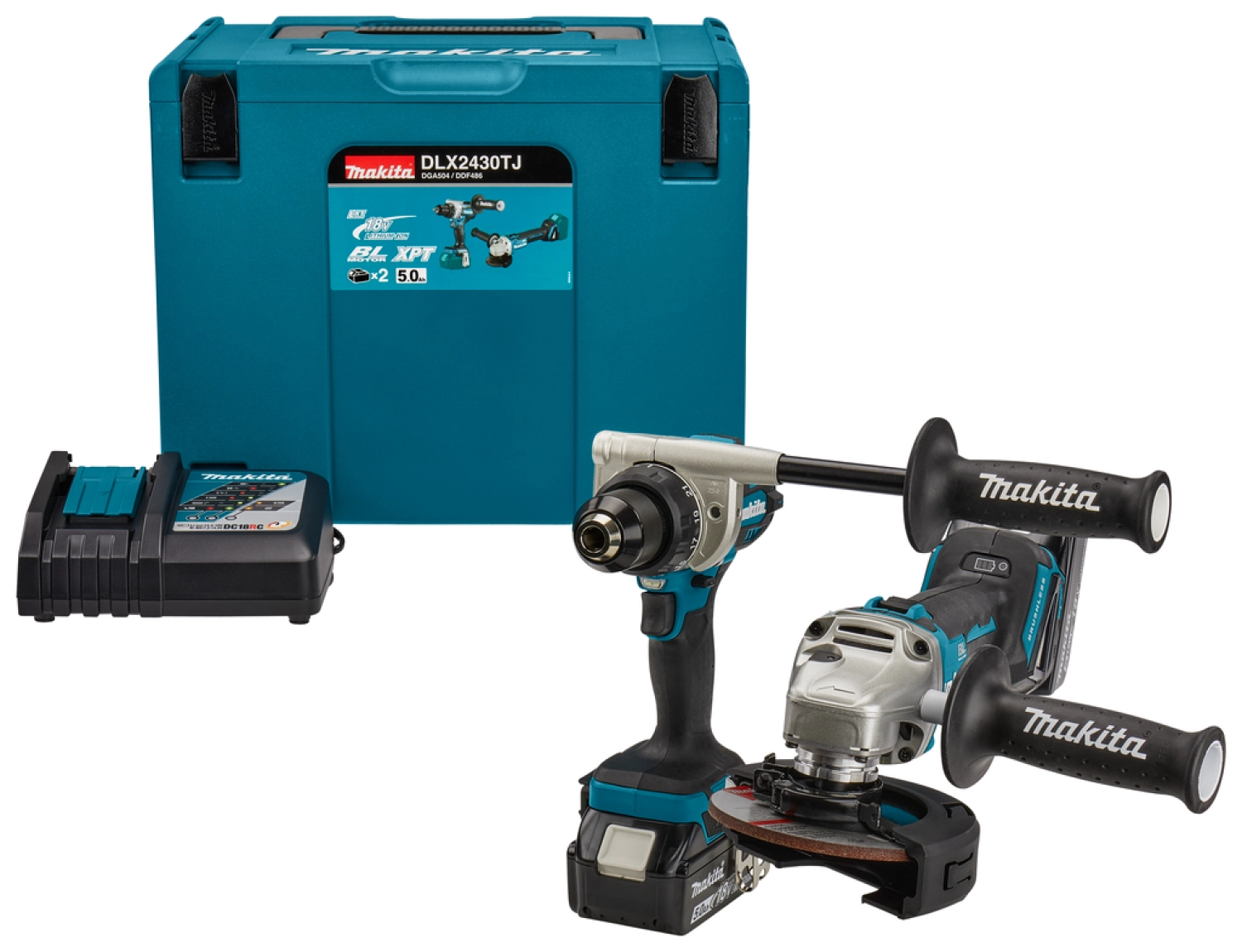 MAKITA DLX2430TJ Pack 2 outils sans-fil - 18V Li-ion - Perceuse-visseuse (DDF486) & meuleuse d'angle (DGA504) - 2 Batteries 5,0 ah - MBOX-image