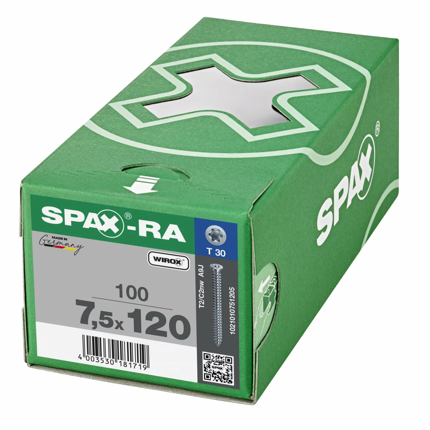 SPAX 1021010751205 - SPAX-RA, 7,5 x 120 mm, 100 pièces, Tête centrante, Tête fraisée plate, T-STAR plus T30, WIROX-image