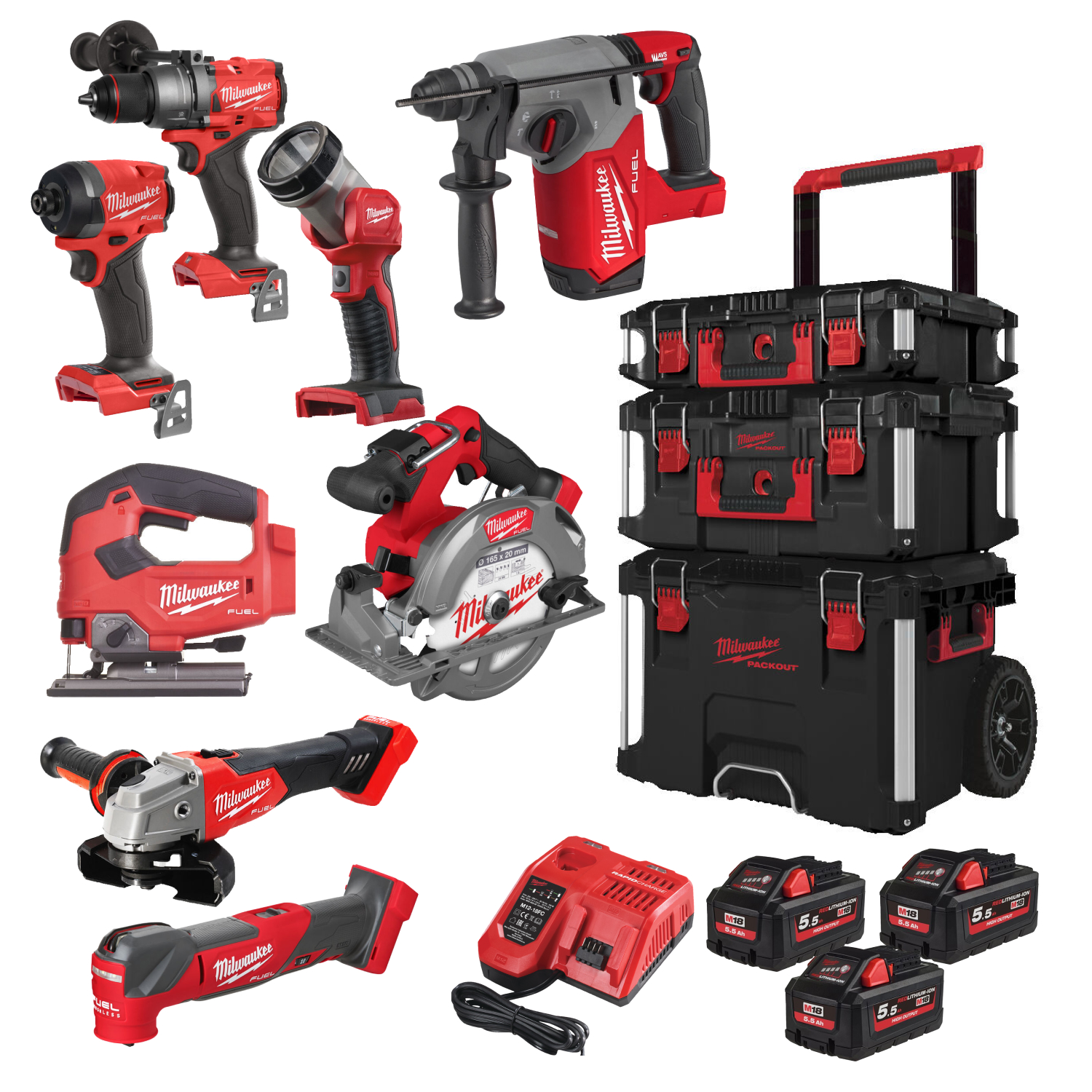 Milwaukee M18 FPP8E-553P 18V Li-ion Set combinée 8 pièces (3x 5.5Ah + 1x 3.0Ah) dans Packout-image
