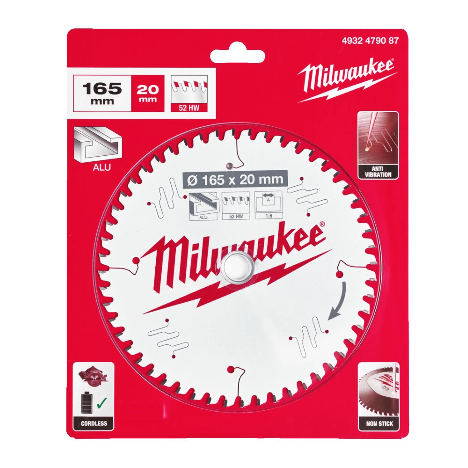 Milwaukee 493247908 CSB P Alu Cirkelzaagblad - 165x20x1.6mm - 52 ATB-image