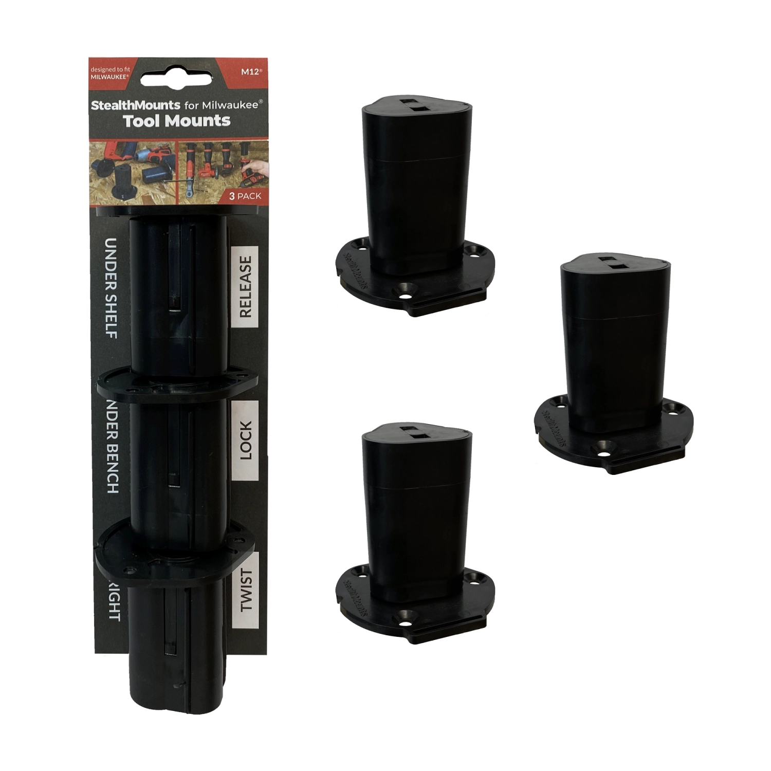 StealthMounts TM-MW12-BLK-3 machinehouder voor Milwaukee M12 - Zwart - 3-pack-image