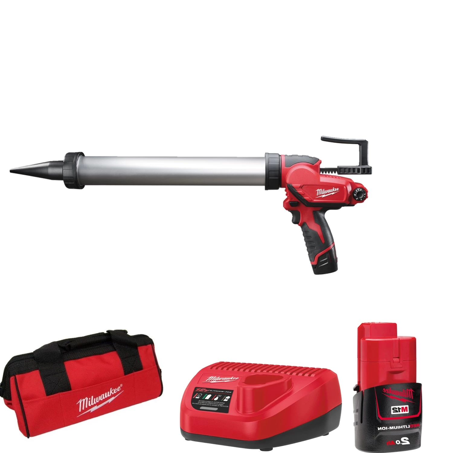 Milwaukee M12 PCG/600A-201B 12V Li-Ion Accu lijm- en kitspuit set (1x 2.0Ah accu) incl. worsthouder in tas-image