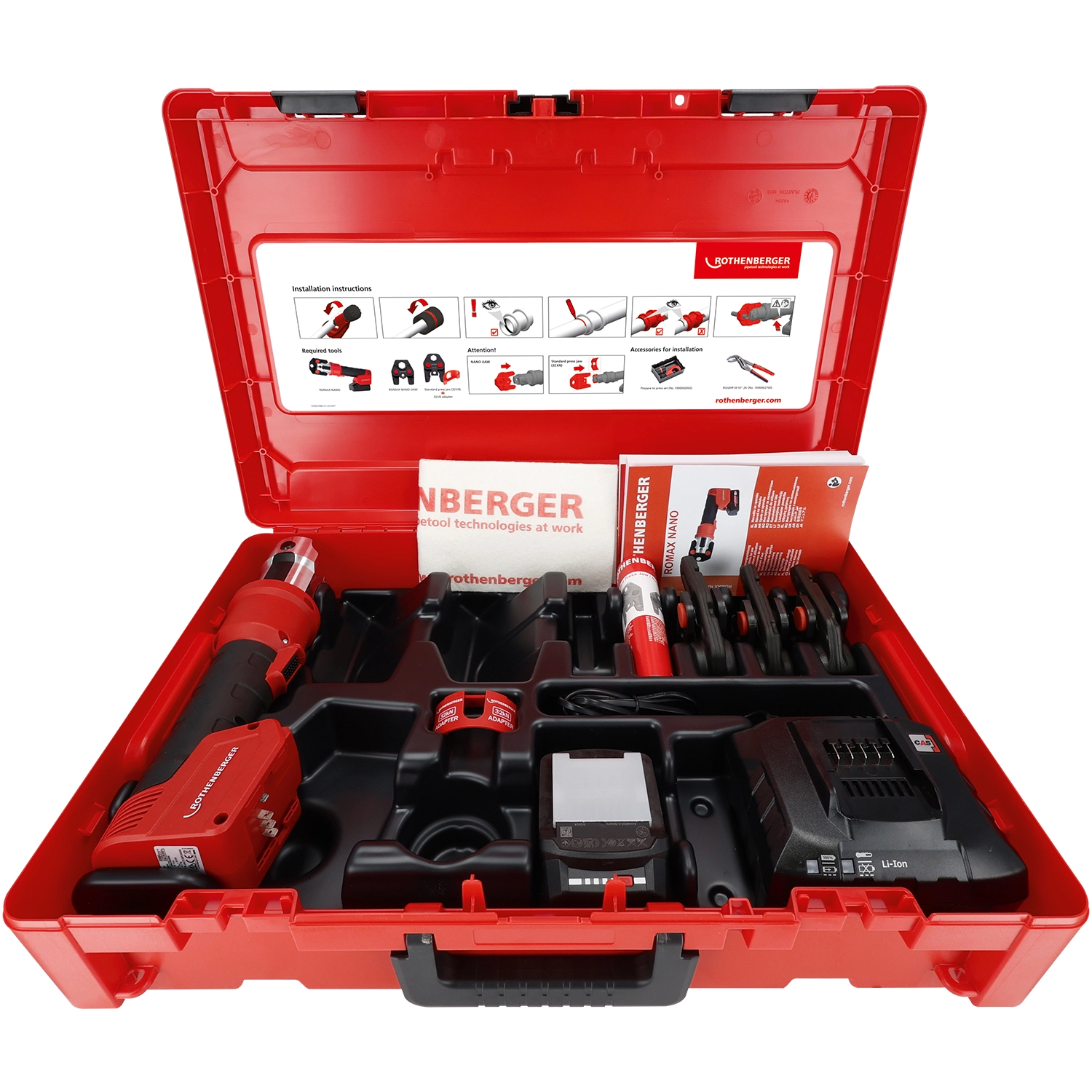 Rothenberger Romax Nano iJAW kit de tige de pressage à batterie (1 batterie 2,0 Ah) avec mâchoires de pressage TH16-20-26 mm dans un coffret-image