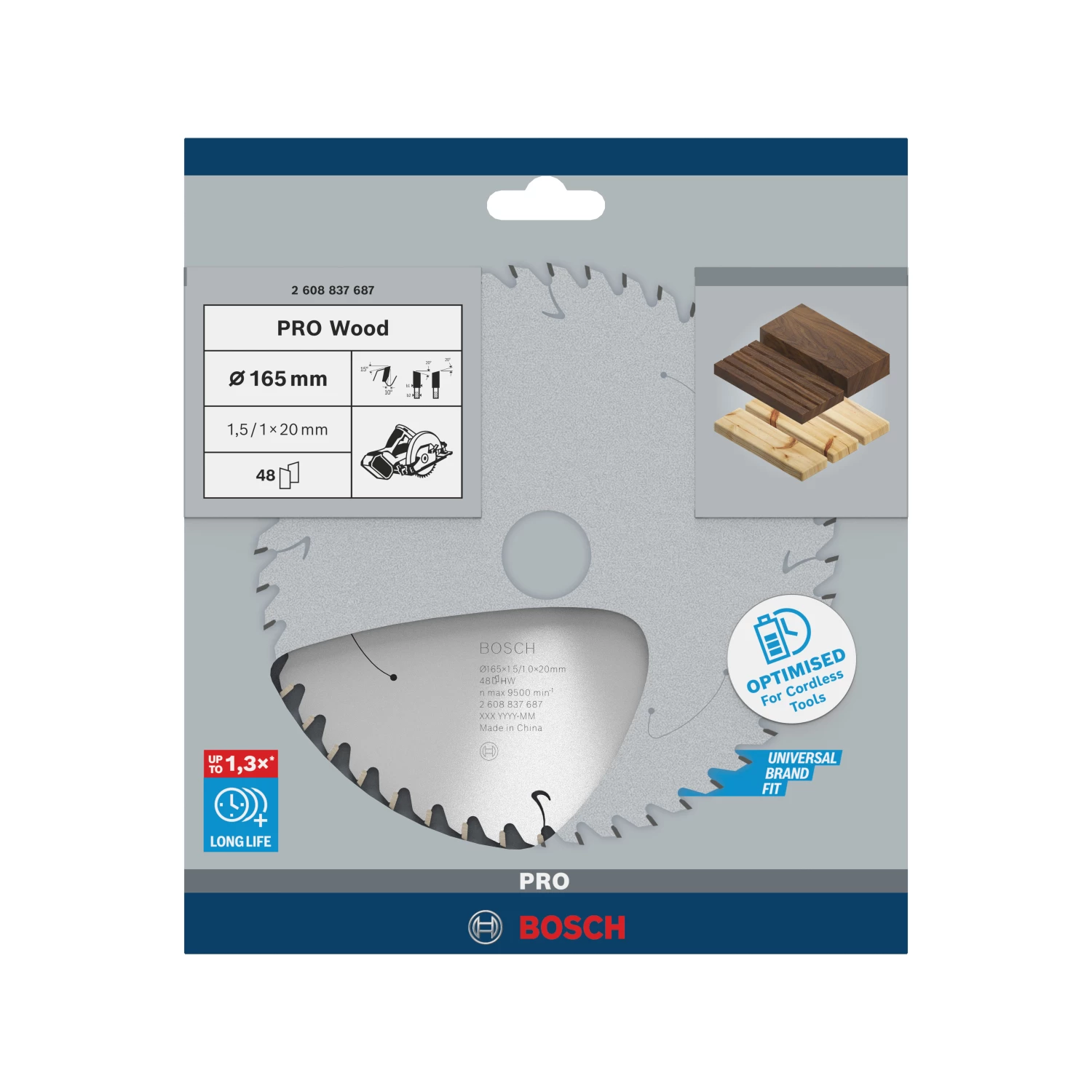 Bosch 2608837687 Lame de scie circulaire sans fil PRO pour bois - 165 x 20 x 48D-image
