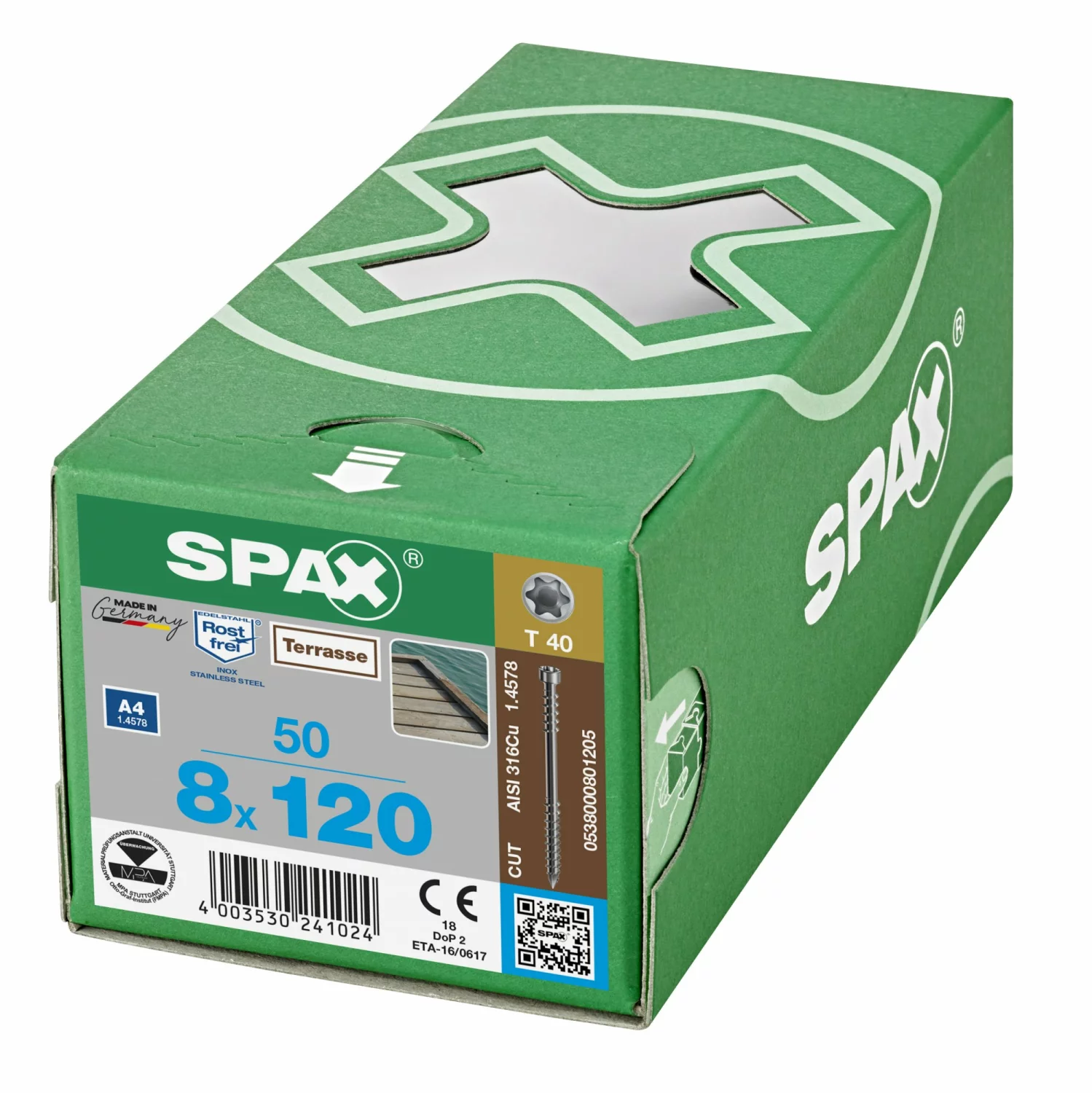 SPAX 538000801205 Vlonderschroef, Cilinderkop, 8 x 120, Fixeerschroefdraad, T-STAR plus T25 - blank - 50 stuks-image
