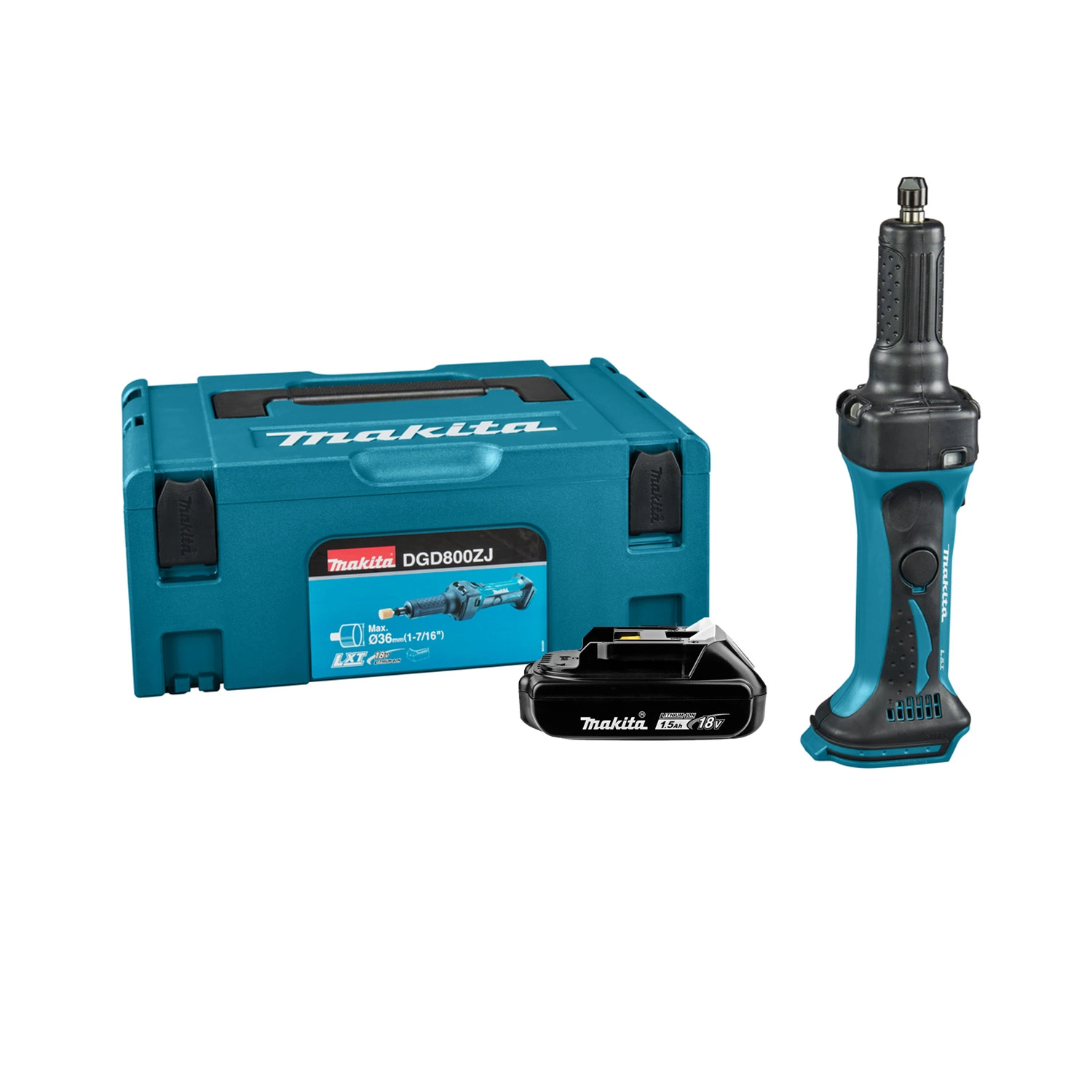 Makita DGD800Y1J Meuleuse droite sans-fil - 18V Li-ion - 1 batterie 1,5 Ah - MAKPAC - 6 mm - Machine seule-image