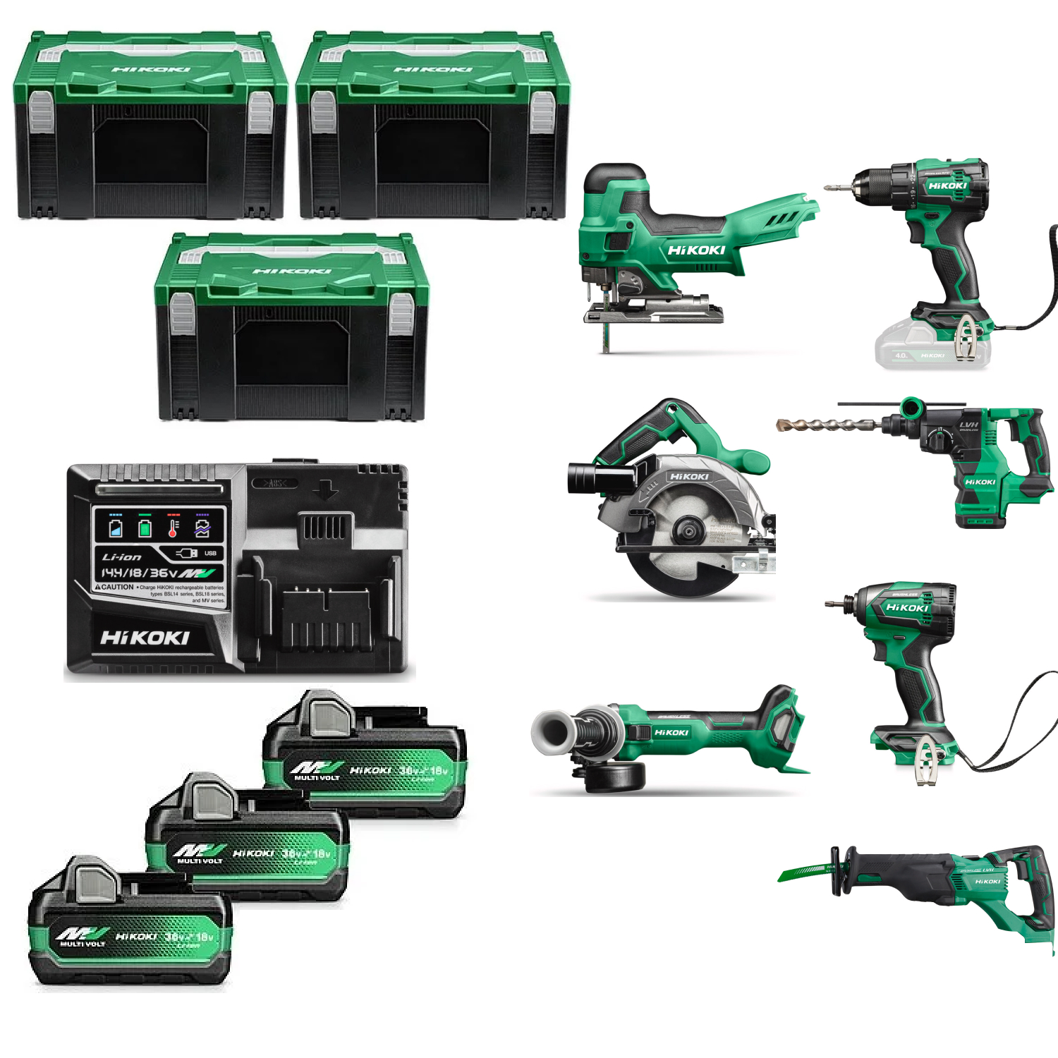 HiKOKI KC18H7B-MVA3 18V Li-ion 7-delige accu combiset (3x UC18YSL3 en 3X BSL36A18X) in 4x HSC-image