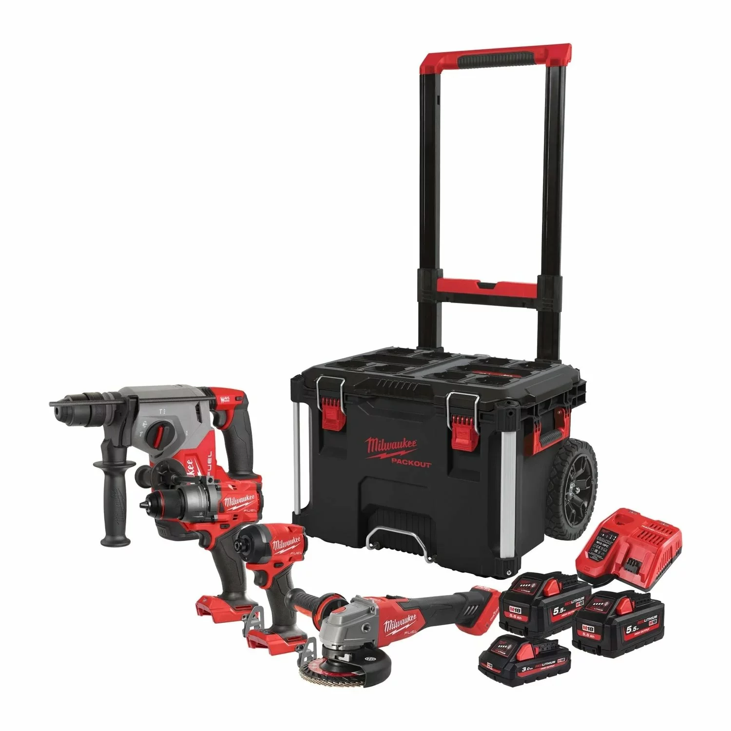 Milwaukee M18FPP4E-555T Pack outils sans fil  4 pièces 18V 3.0 / 5.5Ah in Packout™ Trolly - 4933492530-image