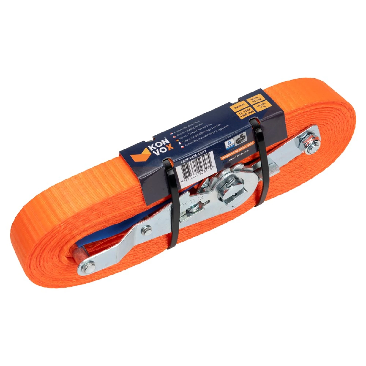 Konvox LAZE1425-0207 Spanband eindloos met ratelgesp HD - 7m x 25mm - 1500 daN - Oranje-image