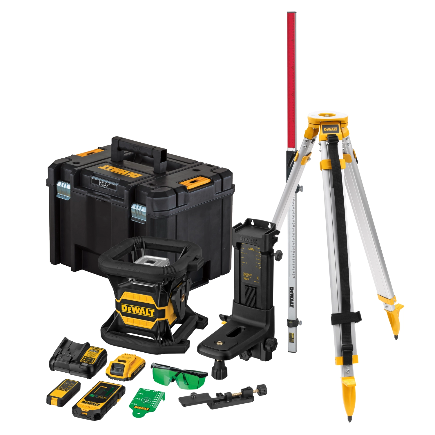 DeWALT DCE080D1GS-SET 18V Li-ion XR Accu Volautomatische roterende laser set (1x 2.0Ah) in TSTAK koffer - groen - met statief en meetlat-image