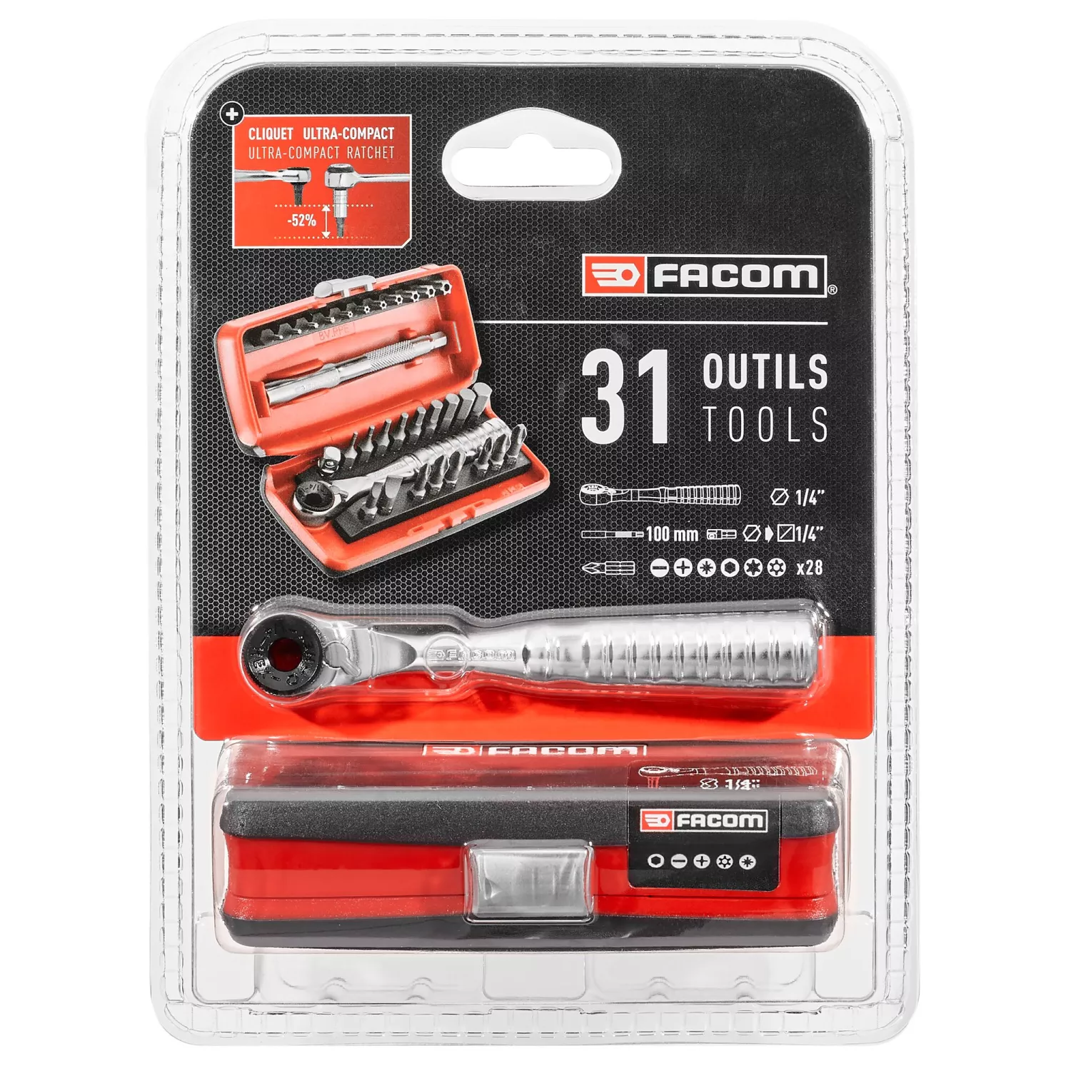Facom R.PEJ31PB coffret de 31 pièces de clé à cliquet porte-embouts et jeu d’embouts - 1/4"