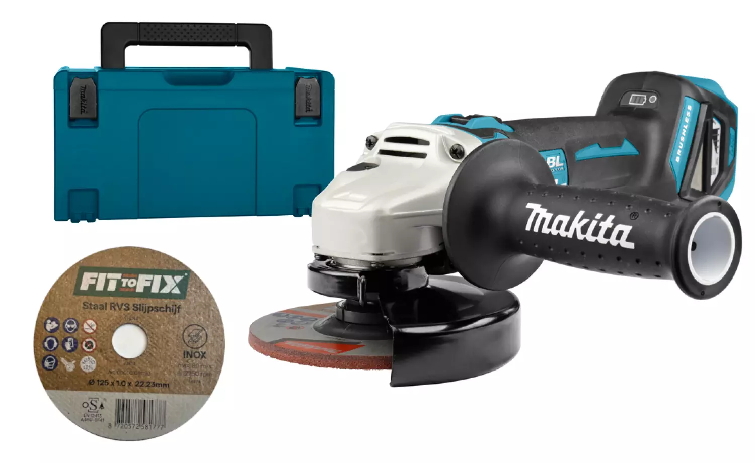 Makita DGA511ZJ 18V Li-Ion accu haakse slijper body in Mbox incl. Fit-to-Fix Staal RVS Slijpschijf (10st)-image