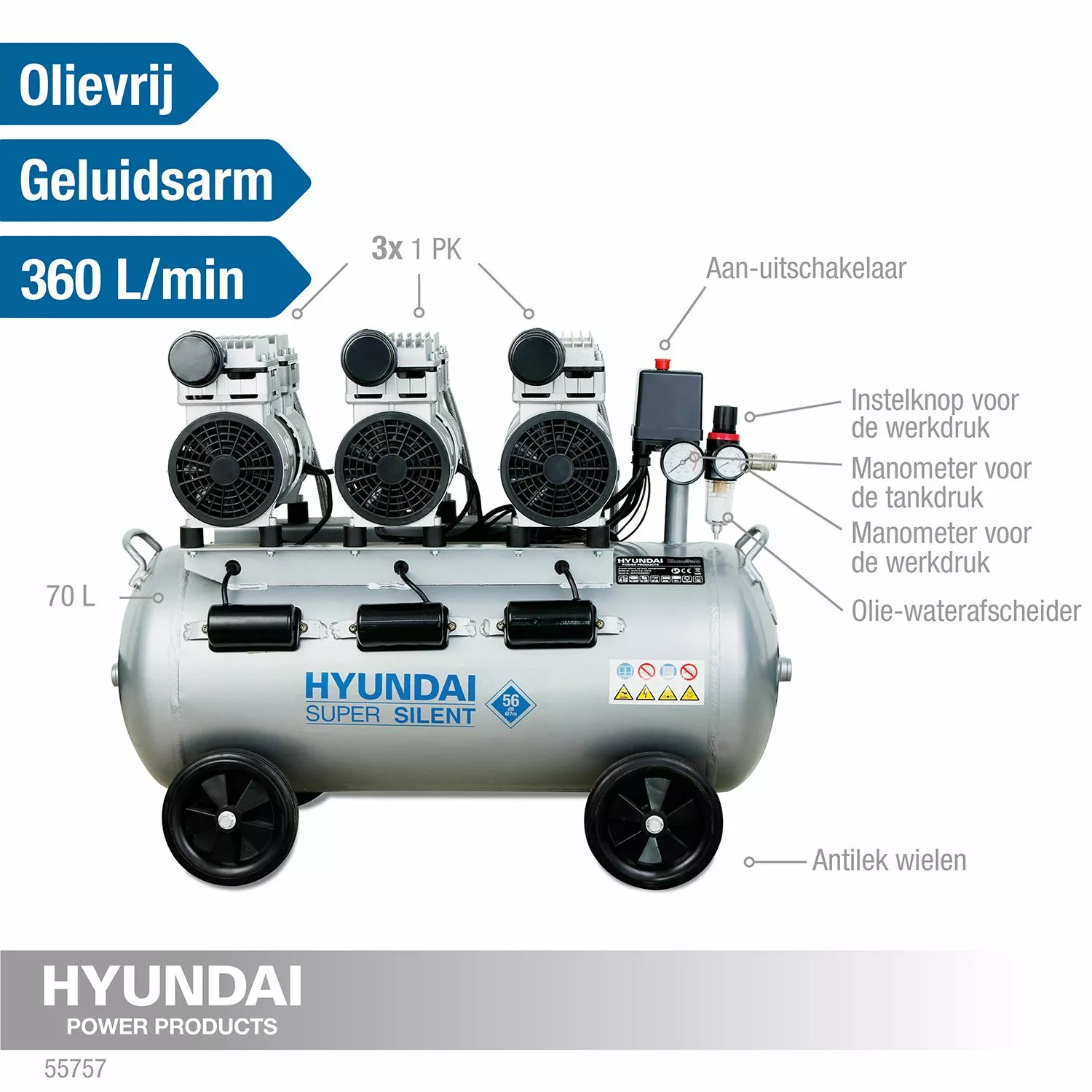 Hyundai 55757 Stille compressor - 70L - 8bar-image