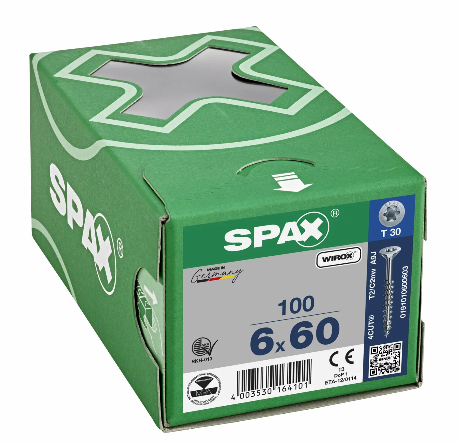 SPAX 191010600603 - Vis universelle, 6 x 60 mm, 100 pièces, Filetage partiel, Tête fraisée, T-STAR plus T30, 4CUT, WIROX-image