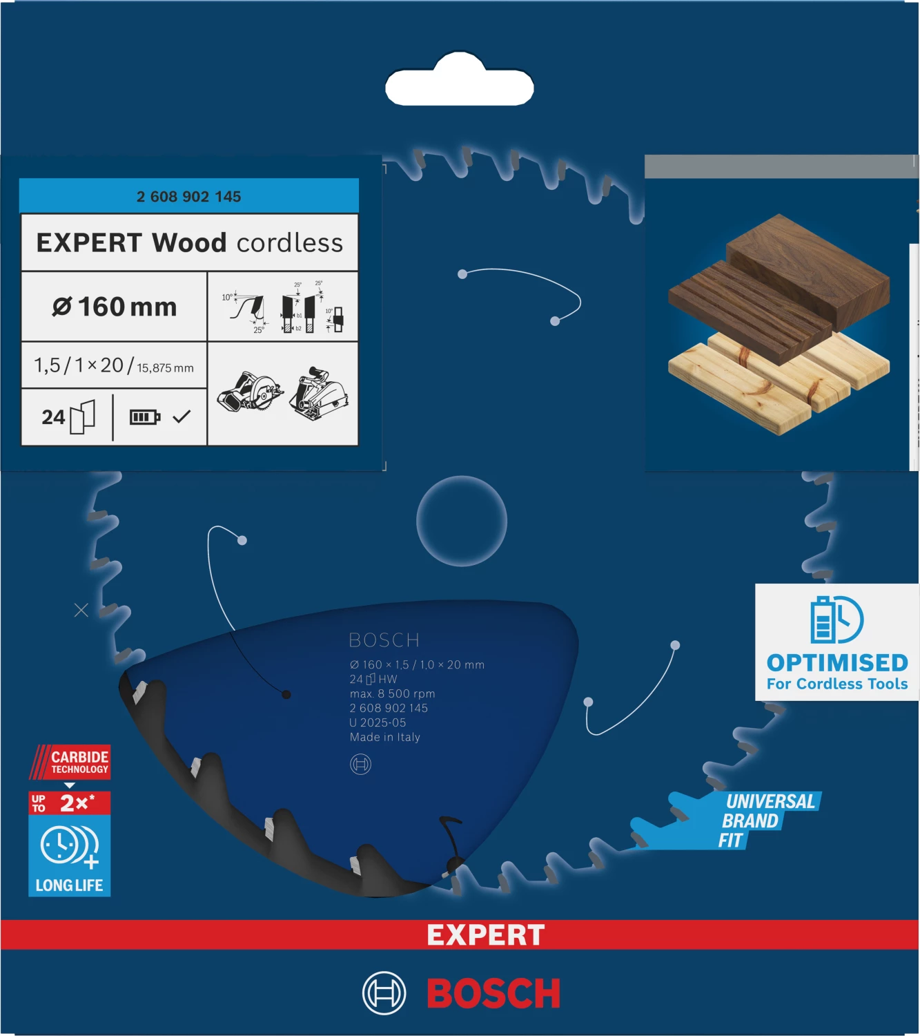 Bosch 2608902145 Lame de scie circulaire sans fil EXPERT pour bois - 160 x 20 x 24D-image