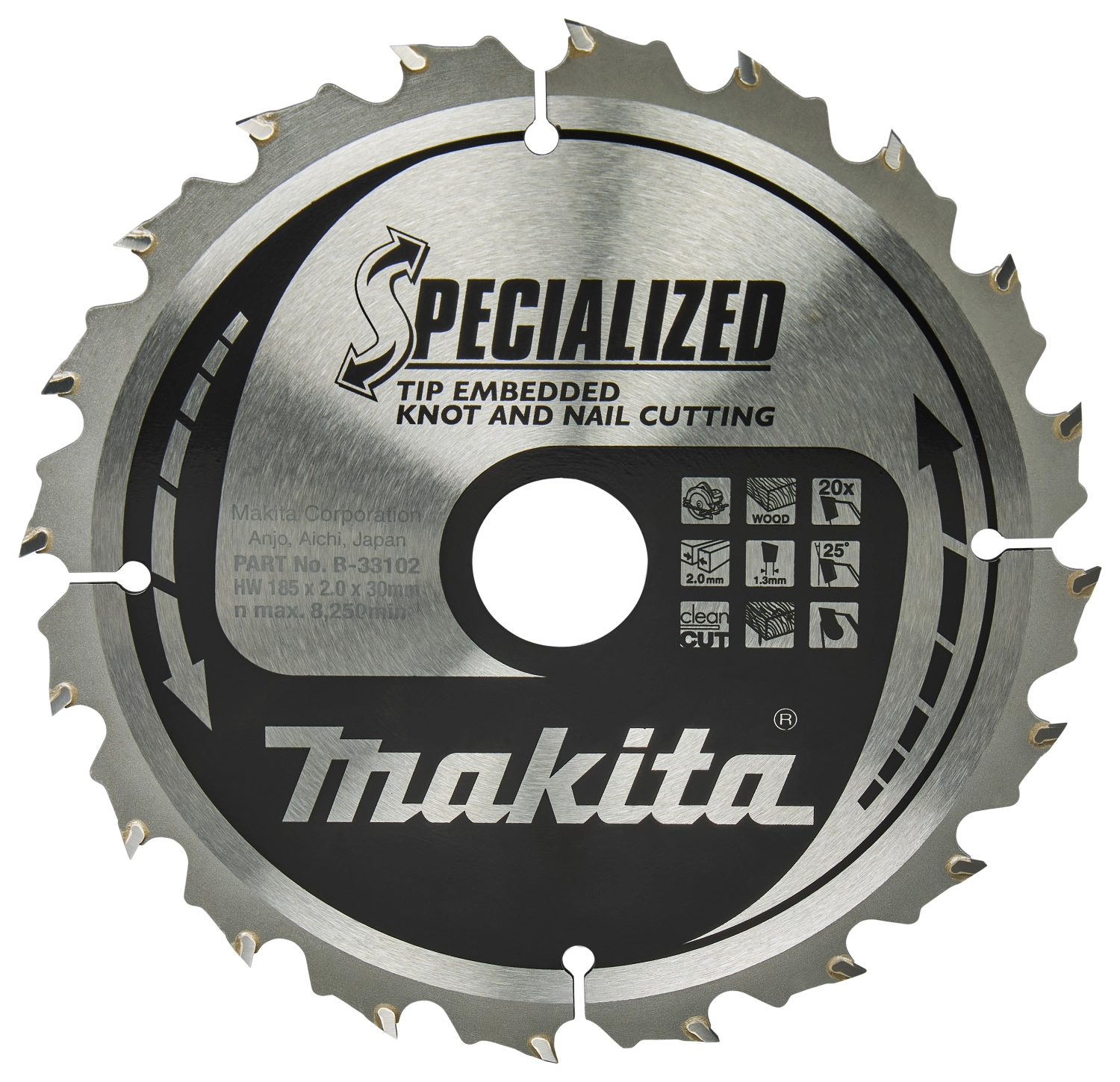 Makita B-33102 Lame de scie circulaire pour bois (nœuds/clous) - 185 x 30 x 2,0 mm 20D