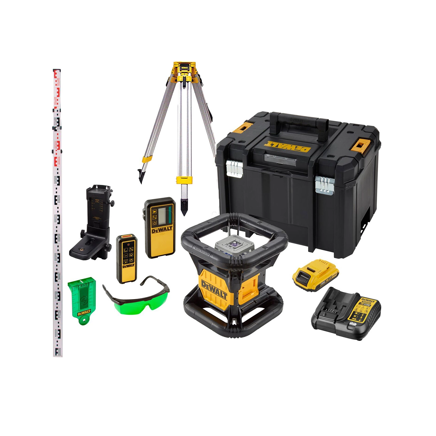 DeWALT DCE079D1G-SET 18V Roterende laser set incl. statief en meetlat in koffer - groen - 45m - IP67-image