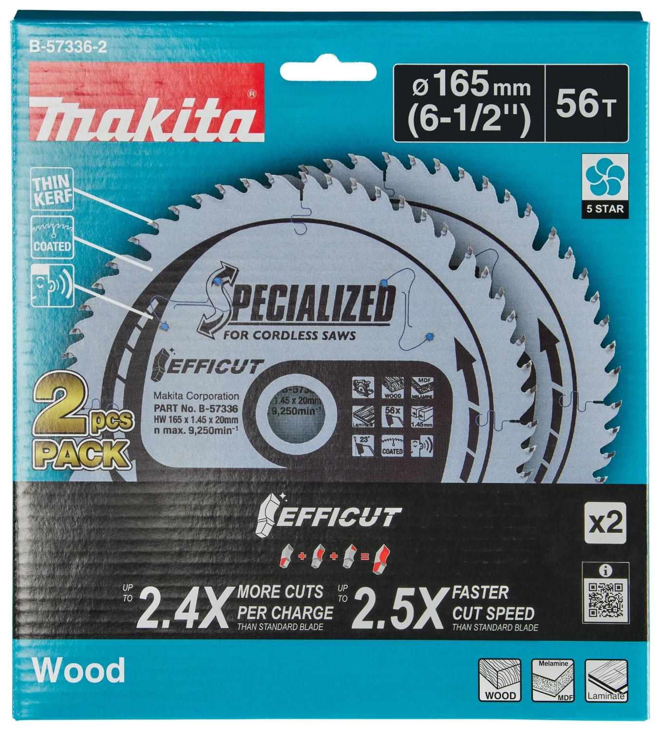 Makita B-57336-2 Cirkelzaagblad - Efficut 165x20x1,45 56T - Hout - Duopack-image