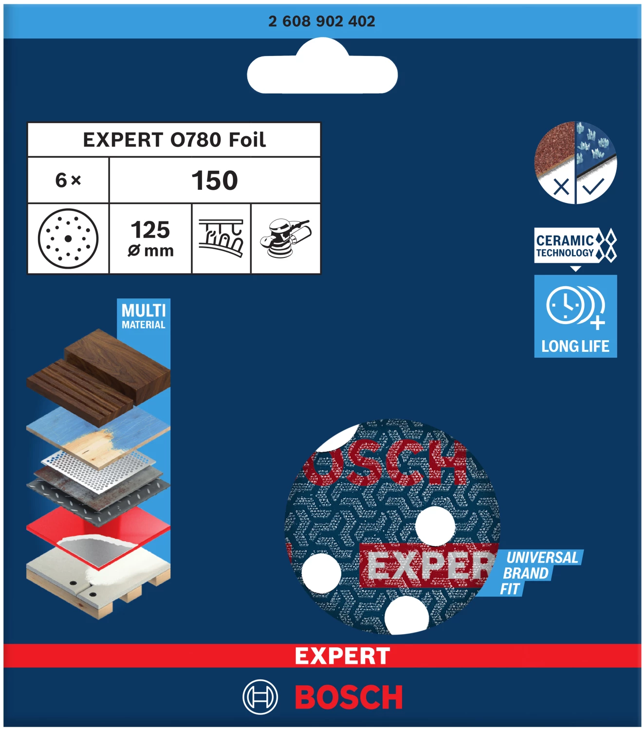 Bosch 2608902402 Disque abrasif EXPERT O780 avec support film - 125 mm - K150 (6 pièces)-image