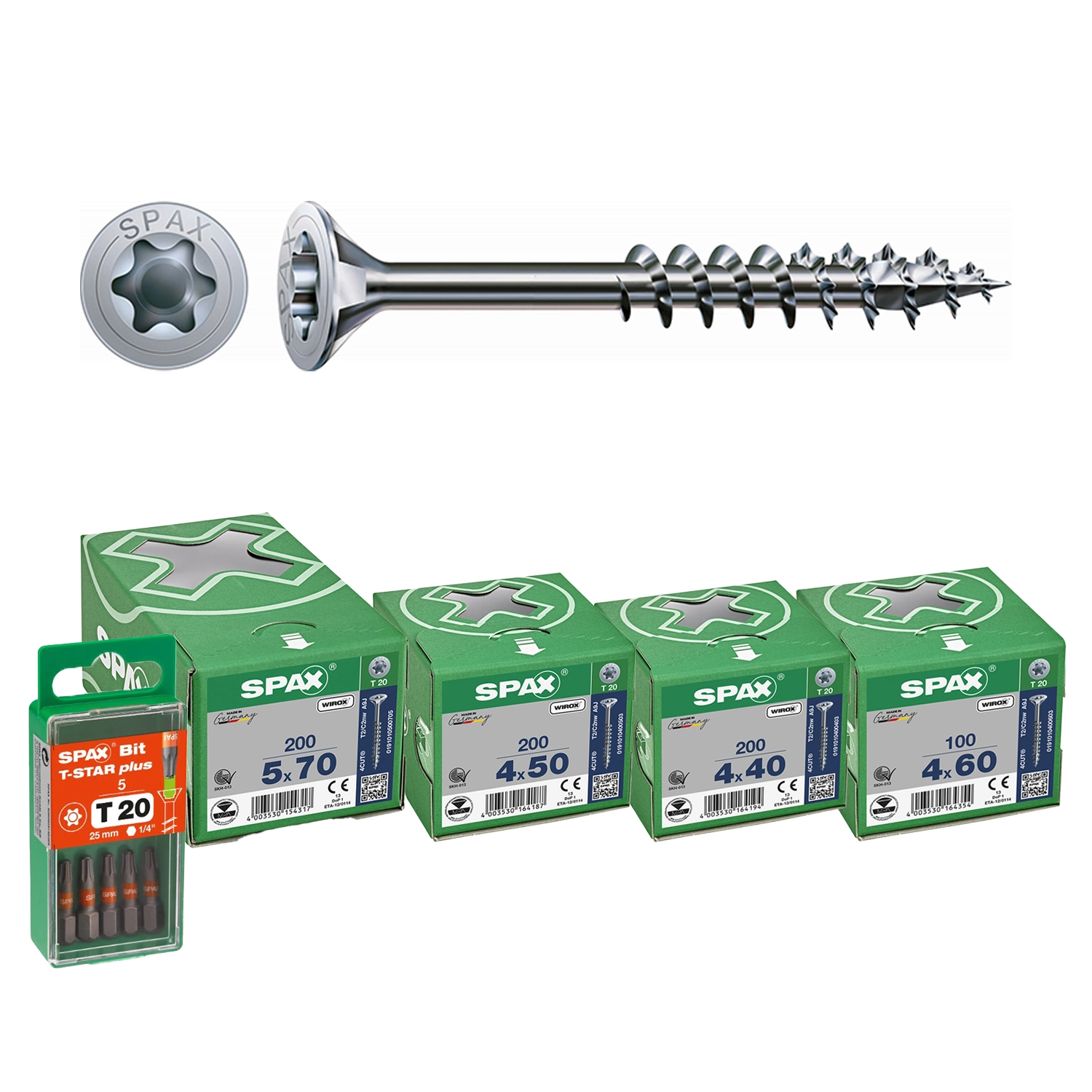 SPAX 4-Delige Universele schroefset - T-STAR plus T20 - Verzonken kop - Deeldraad - WIROX (700st) incl. SPAX bit T20 (5st)-image