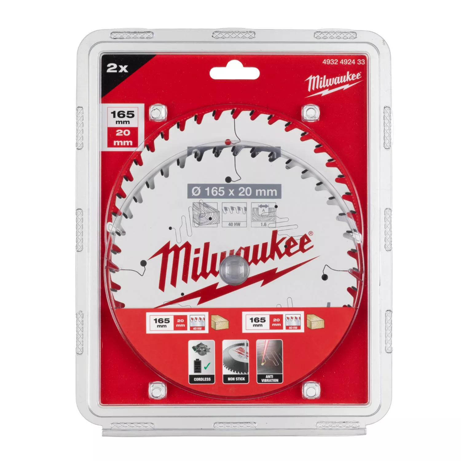 Milwaukee 4932492433 Lame de scie circulaire - 165 x 20 mm x 40T - bois - lot de deux-image