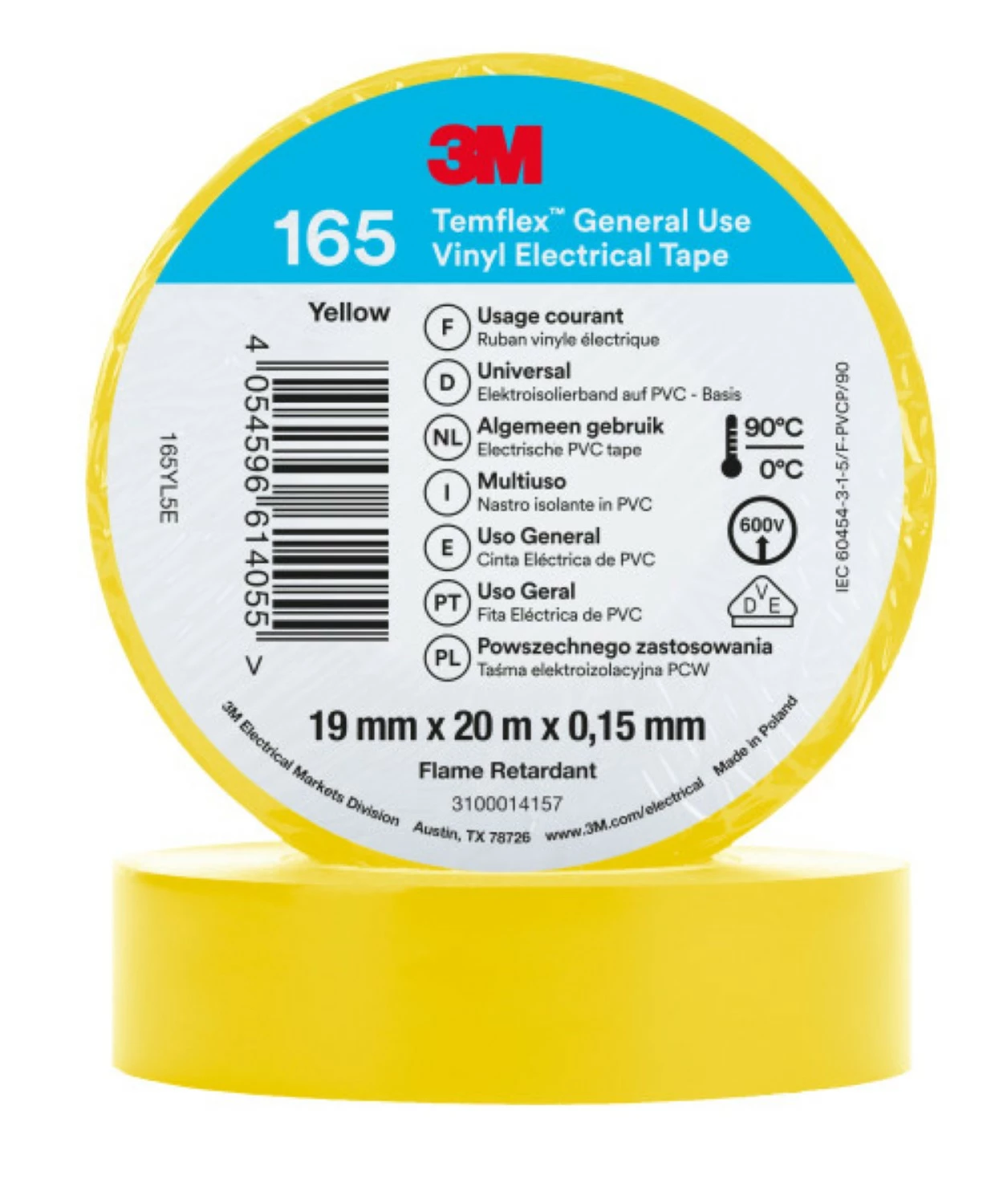 3M 165 Ruban isolant en vinyle Temflex Jaune - 20 m x 19 mm-image