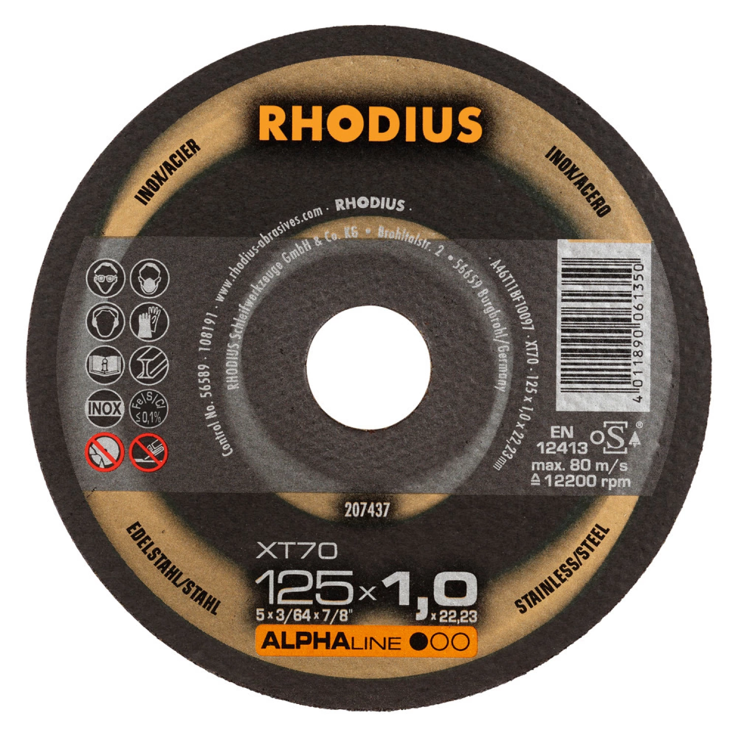 Rhodius ALPHALine I XT70 Doorslijpschijf - Extra dun - 125 x 22,23 x 1mm - RVS/Staal (100st)-image