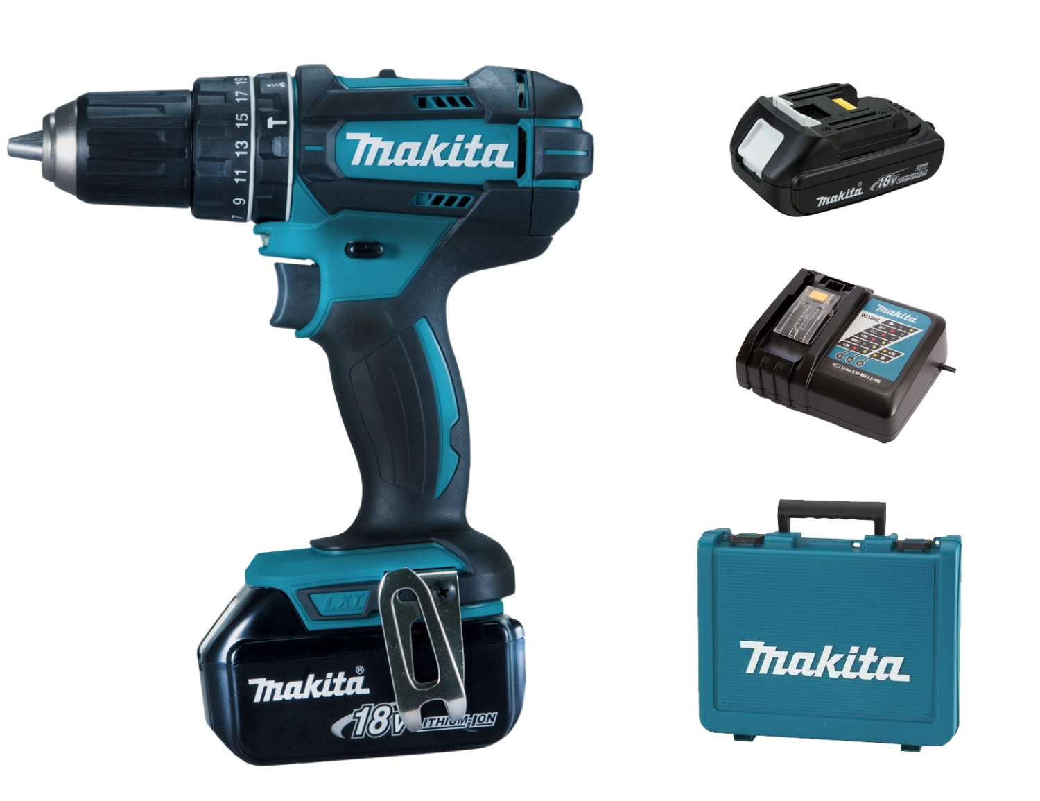 Makita DHP482RFYE Perceuse visseuse à percussion à batteries 18V Li-Ion set (1x batterie 3.0Ah, 1x batterie 1.5) dans coffret-image