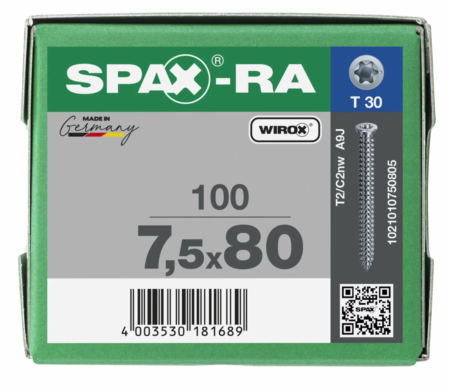 SPAX 1021010750805 - SPAX-RA, 7,5 x 80 mm, 100 pièces, Tête centrante, Tête fraisée plate, T-STAR plus T30, WIROX-image