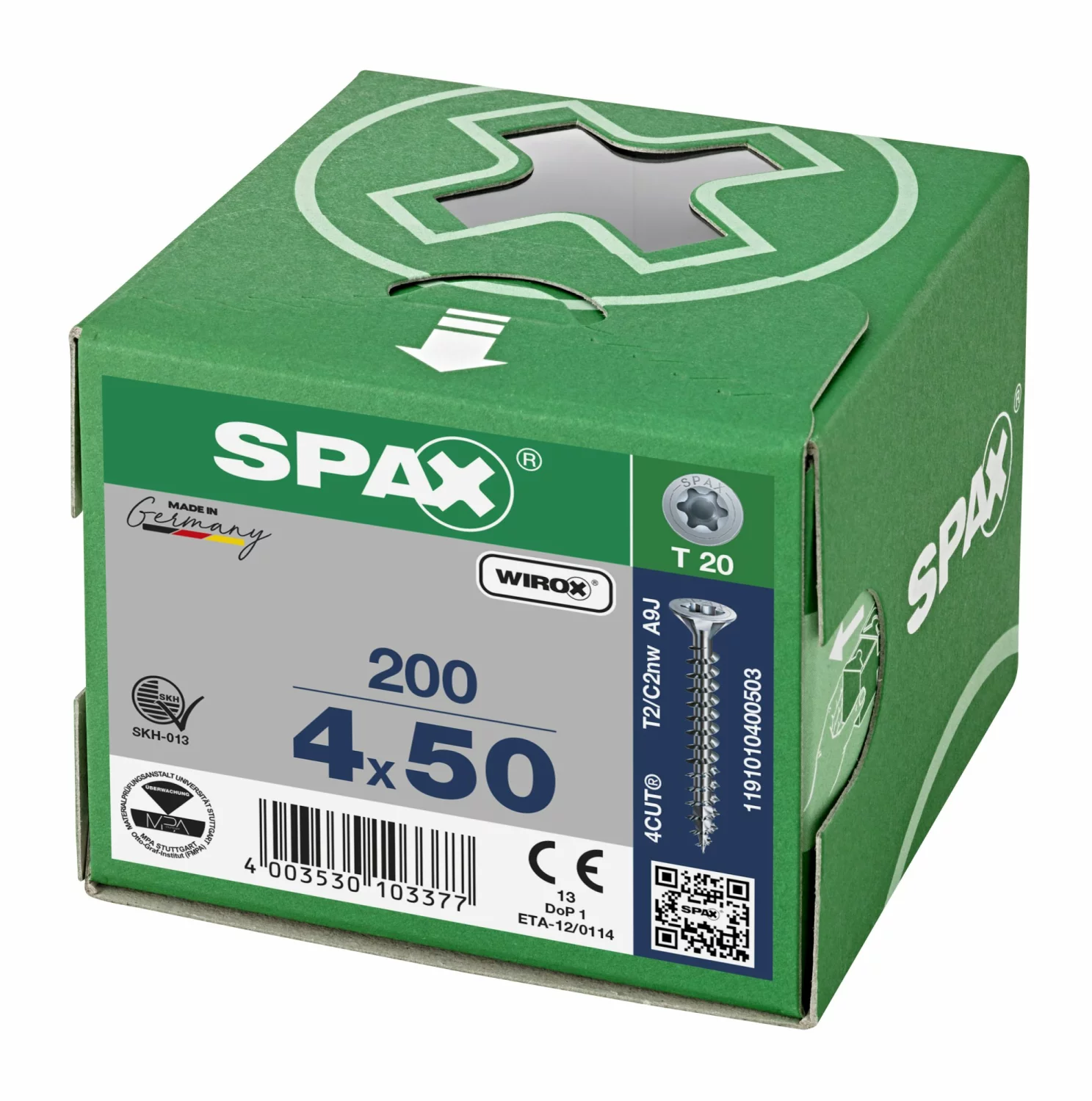 SPAX 1191010400503 Universele schroef, Verzonken kop, 4 x 50, Voldraad, T-STAR plus T20 - WIROX - 200 stuks