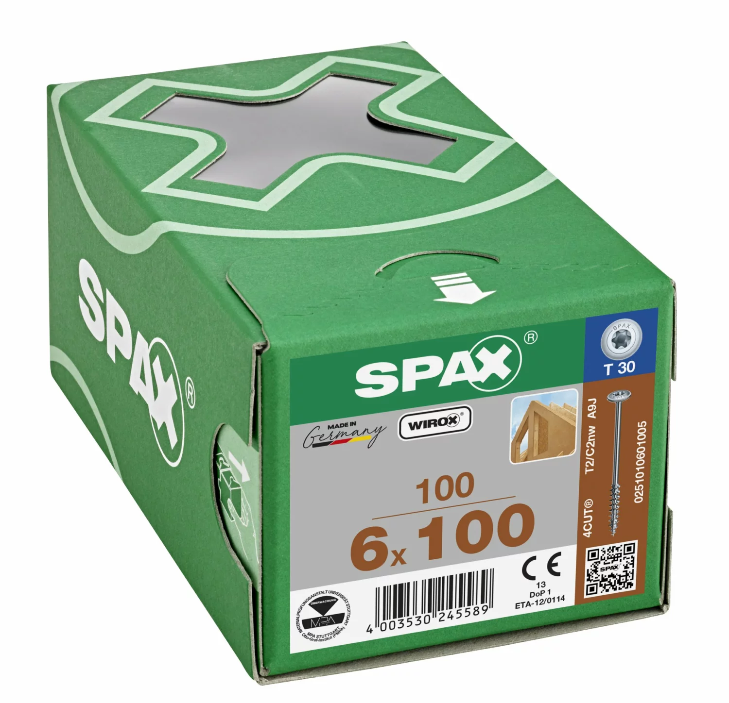 SPAX 251010601005 - HI.FORCE, 6 x 100 mm, 100 pièces, Filetage partiel, Tête disque, T-STAR plus T30, 4CUT, WIROX-image