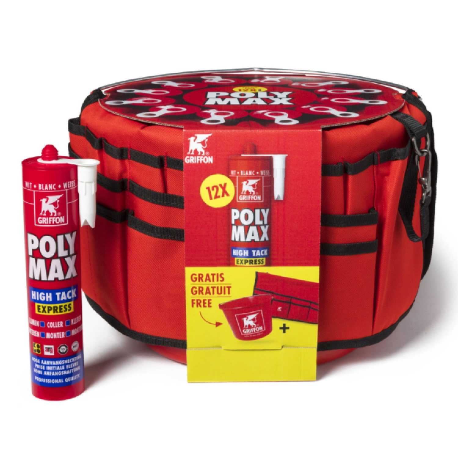 Griffon Poly Max High Tack Express Montagelijm in gratis emmer met multifunctionele gereedschaporganizer (12 st.)-image