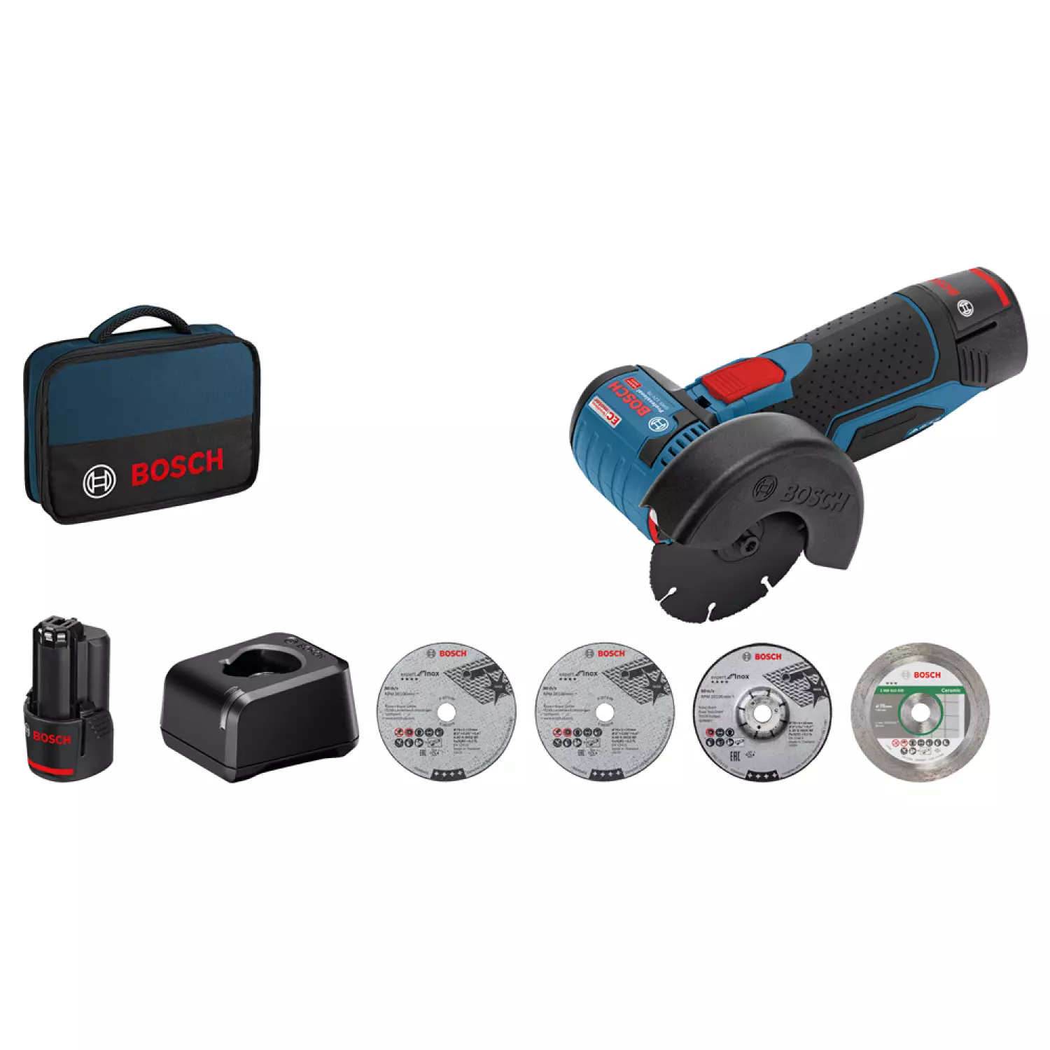 Bosch GWS 12V-76 12V Li-Ion accu haakse slijper set (2x 2.0Ah accu) in tas - 76mm - koolborstelloos-image